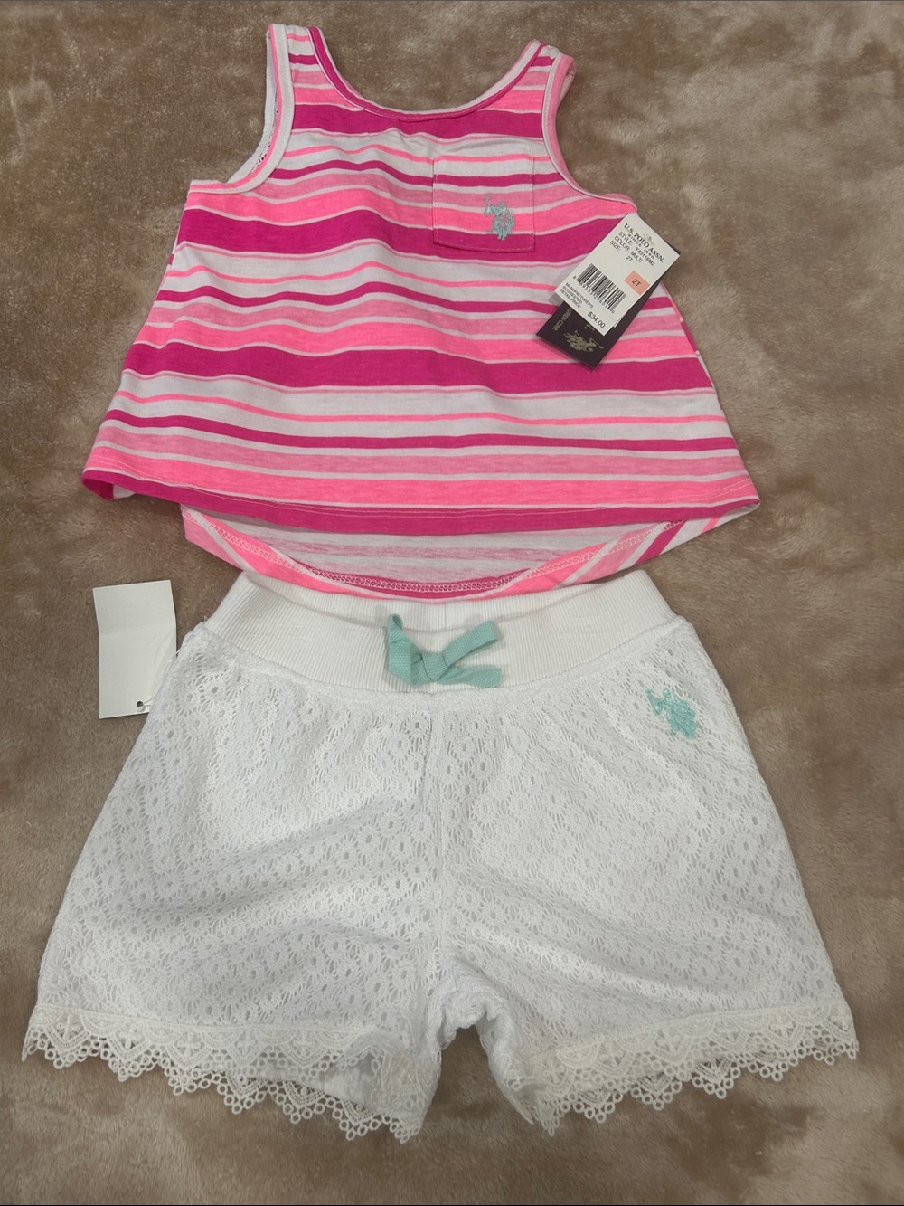 U.S. Polo Assn. Girls 2 PC Outfit Set SZ 2T NEW Tank Top Lace Shorts pink white - Picture 2 of 8